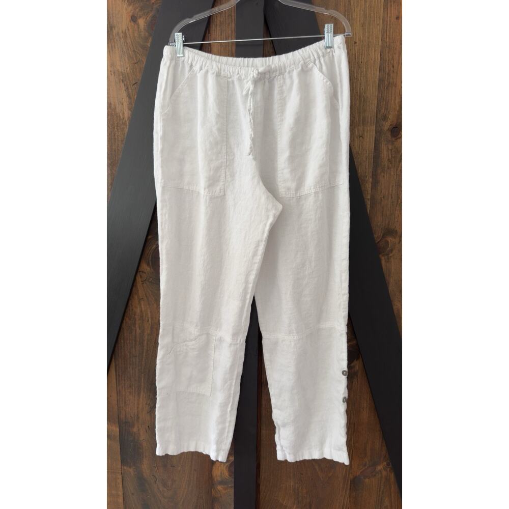 Chicos White Drawstring 100% Linen Roll Tab Pants Coastal Summer Beach Size XL